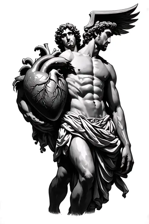 Atlas From Greek Mythology Carrying A Large Human Heart On His Back In Black And White