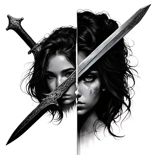 Only One Side Of Girl Face Equal Split With Sword