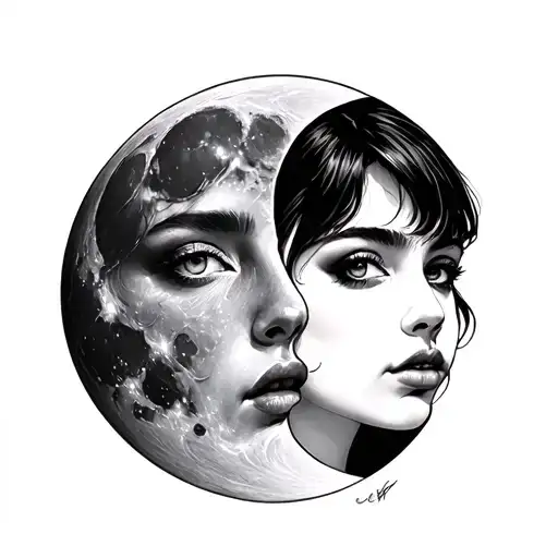 Right Side Of Girl Face And Left Side Of The Moon