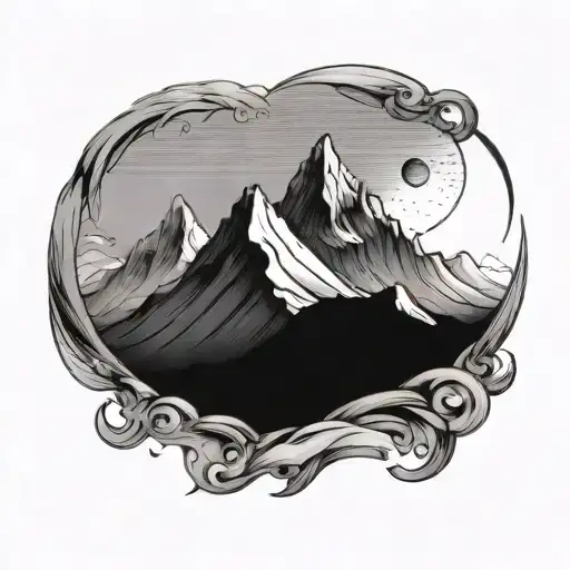 Two Mountains With Crescent Moon