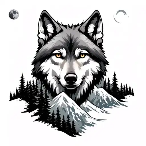 Wolf Mountains In A Forest With A Moon