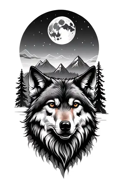 Wolf Mountains In A Forest With A Moon Surrounded