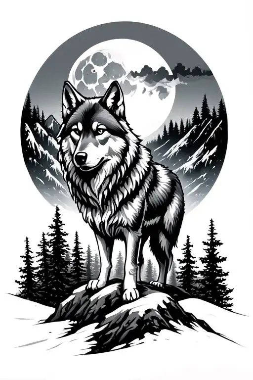 Wolf Standing On Mountains In A Forest With A Moon Surrounded
