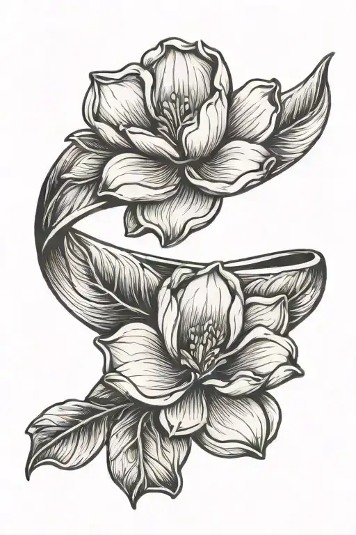 Ring With Magnolia Flower In Ink