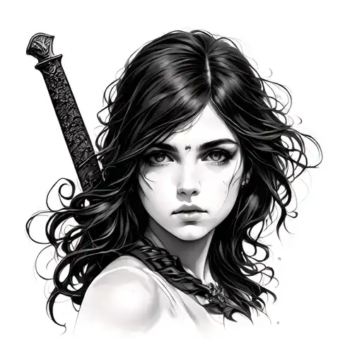 Girl Face Only Right Side And Fusied With Sword On Left Side