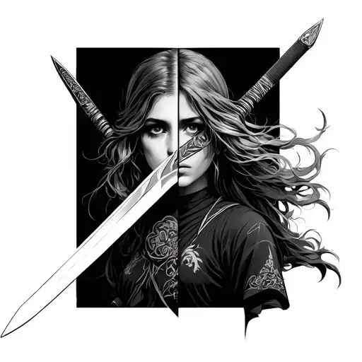 Standing Sword On Side With A Half Girl Face