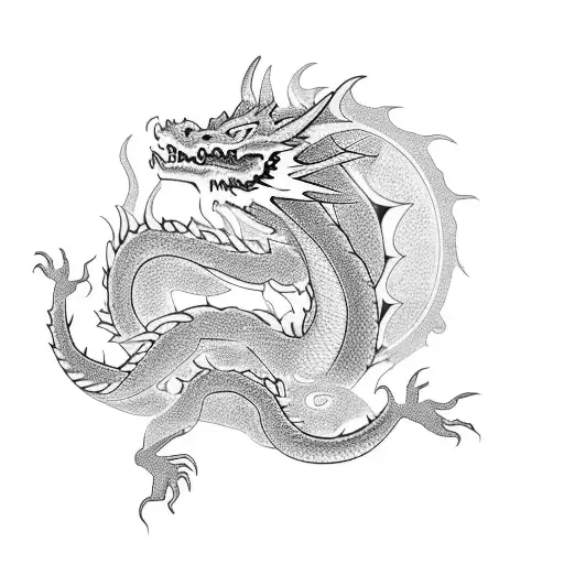 A Black And Grey Tattoo Of A Majestic Oriental Dragon Surrounded By Cherry Blossoms