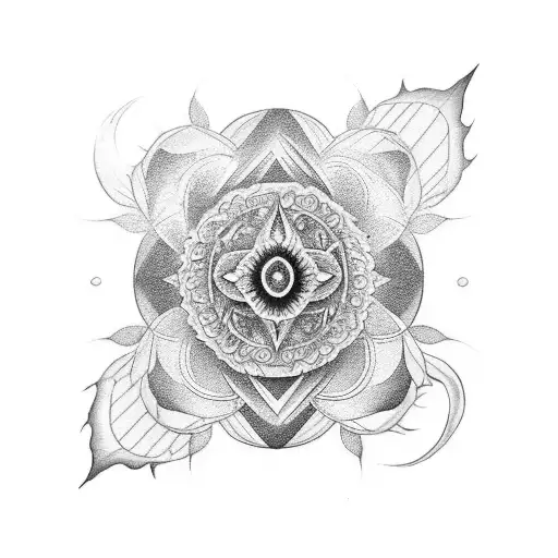 A Black And Grey Tattoo Of A Yin-yang Symbol With A Marijuana Leaf And A Lotus Flower
