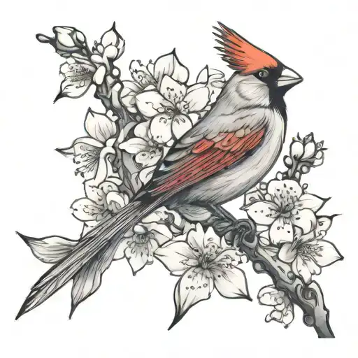Cherry Blossoms With A Cardinal Bird