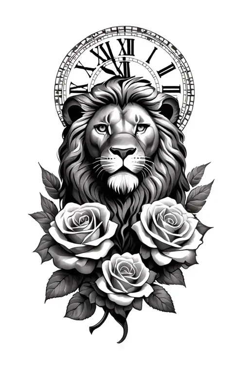 Lion With Clock Behind And Roses