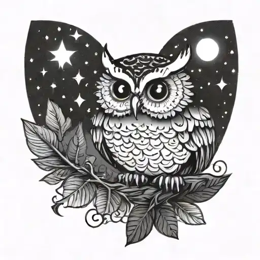 Owl And Caterpillar In A Tree At Night Sky Filled With Stars