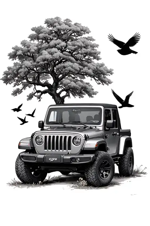 Oak Tree With Jeep Wrangler Birds Flying And Italy
