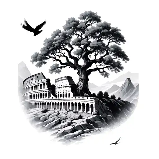 Mountains Oak Tree Birds Flying Rome Colosseum