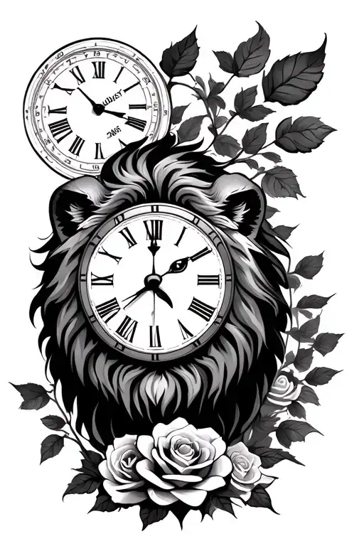 Lion With Clock Behind It And Roses Below It