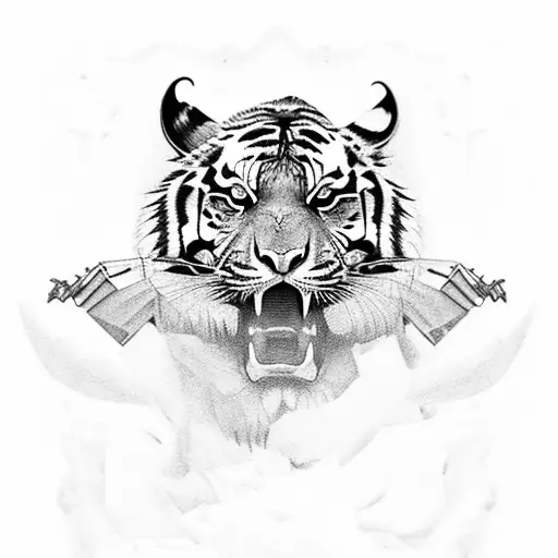 A Fierce Tiger Roaring Amidst A Backdrop Of Aggressive Trucks