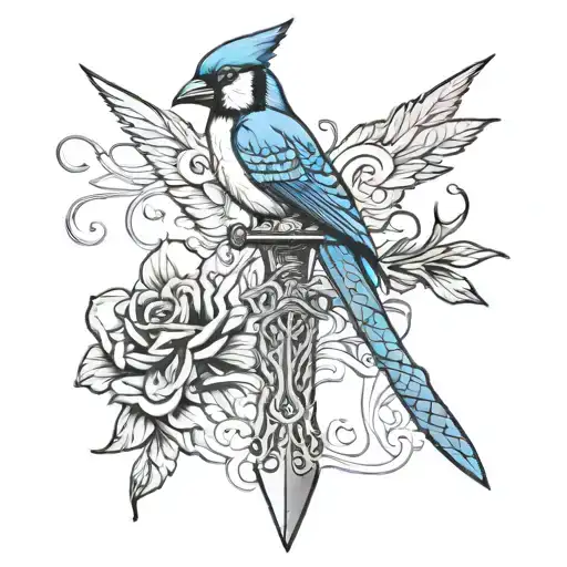 Sword As A Cross With A Snake Going Up The Blade And A Blue Jay Sitting On Handle