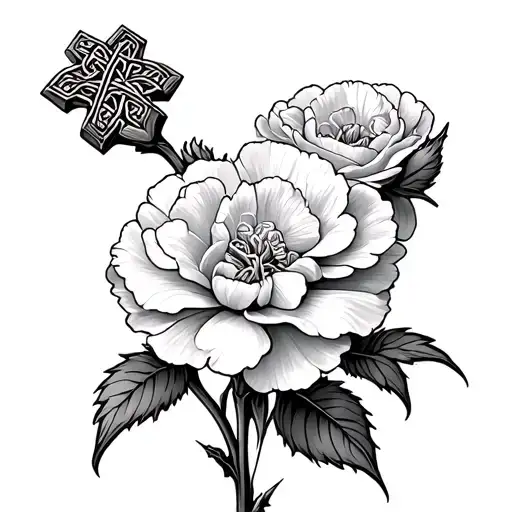 Celtic Stone Cross Laid On A Carnation Flower Blooming