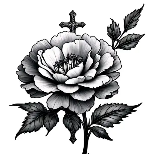 Scottish Stone Cross Laid On A Carnation Flower Blooming