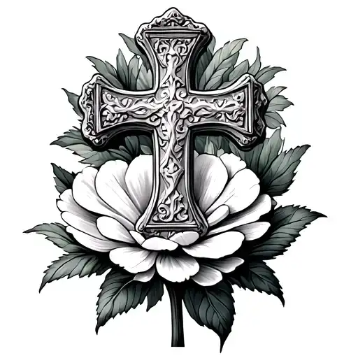 Scottish Stone Cross Laid On A Carnation Flower Blooming