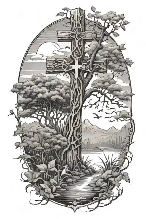 Wooden Cross Nature Scene Leg Sleeve