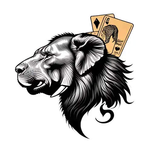 Tattoo Representing A Profile Lion Head And A Profile Elephant Head With An African Card