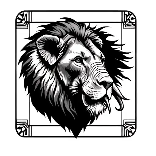 A Profile Lion Head And A Profile Elephant Head On Each Side With An African Card