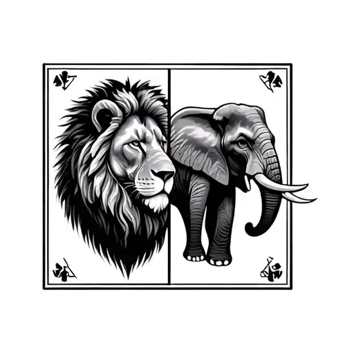 Lion Head In Profile On The Left An Elephant Head In The Right Card Of Africa In The Middle