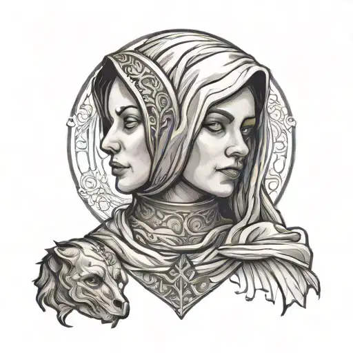 Medieval Woman With Little Boy Outline