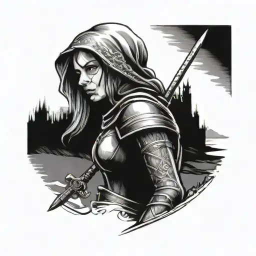 Medieval Woman With Sword After Battle Looking Into Distant Village