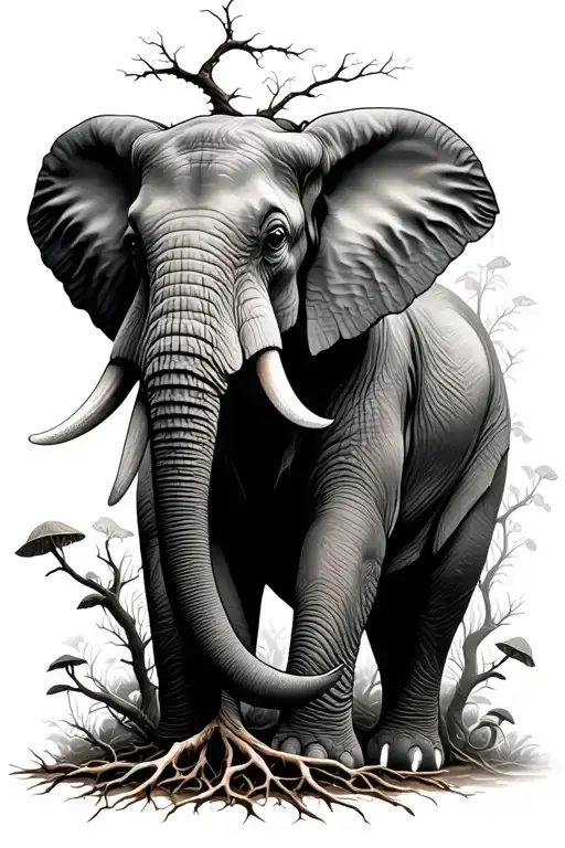 Elephant With Mycelium Roots And Tree Branches