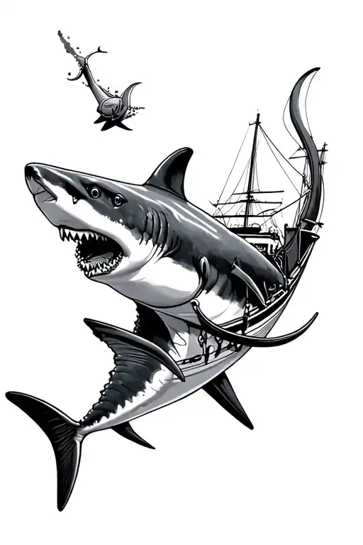 Diving Tattoo With Shark And Boat