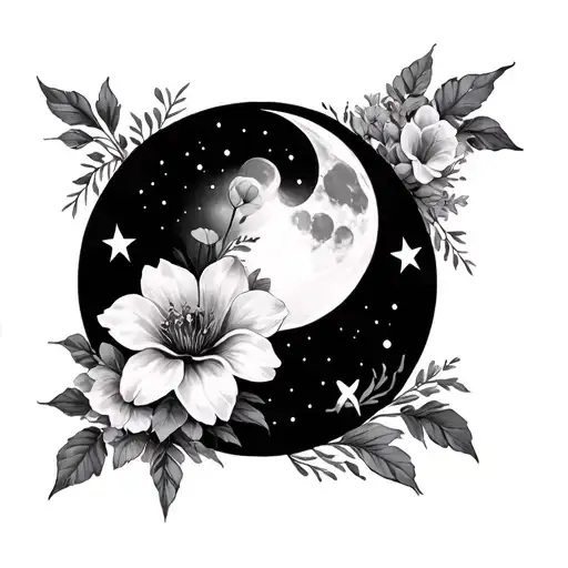 Flowers W Moon And Stars Surrounding