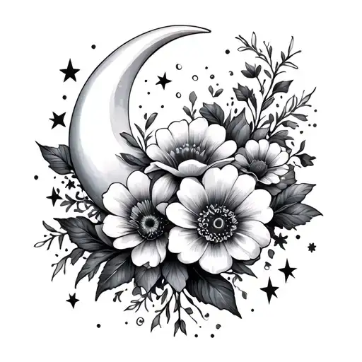 Flowers W Moon And Stars Surrounding