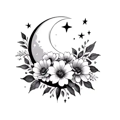 Flowers W Moon And Stars Surrounding