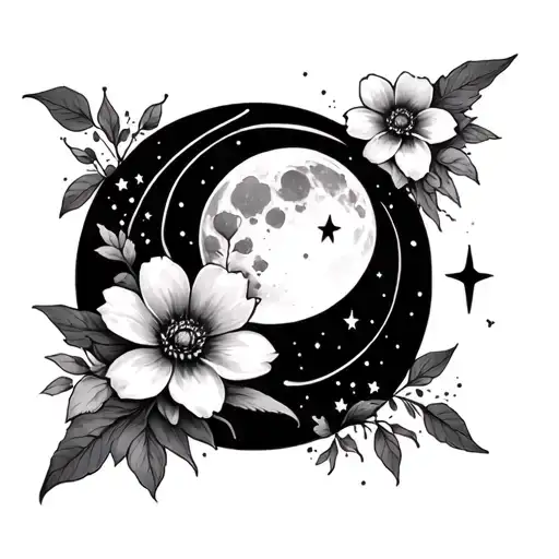 Flowers W Moon And Stars Surrounding