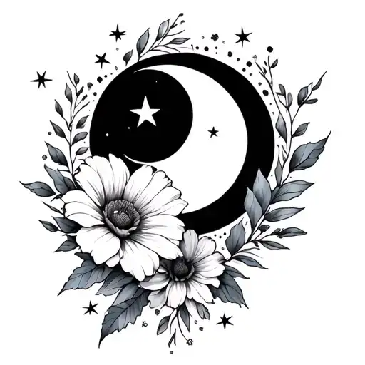 Flowers W Moon And Stars Surrounding