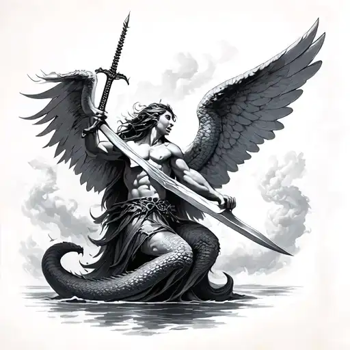 Leviathan Battling And Angel Holding A Sword