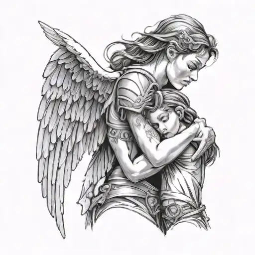 Angel Warrior Hugs A Girl With His Wing Attached