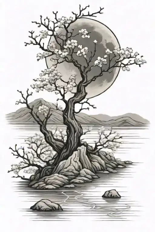 Cherry Blossom Tree By A River With A Full Moon And Mountains In The Background
