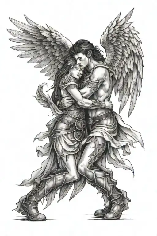 Angel Warrior Hugs A Girl With His Wing