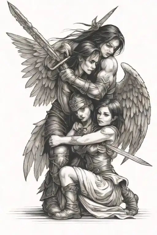A Warrior With Wings And A Sword Hugs A Girl Standing