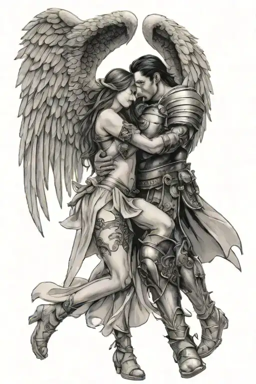 A Warrior With Wings And A Sword Hugs A Girl Standing