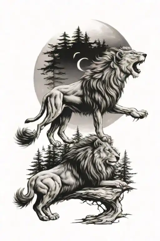 A Lion And Wolf Howling At The Moon Together In A Forest Setting