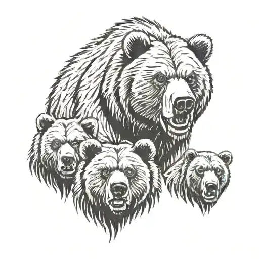 Angry Grizzly Bear With Two Cubs Face Only