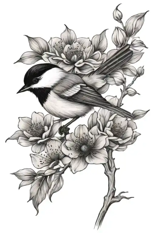 Black Called Chickadee And Flowers