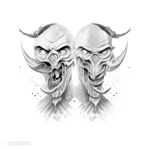 Man Face Split In Half Evil With Horn And Half Good