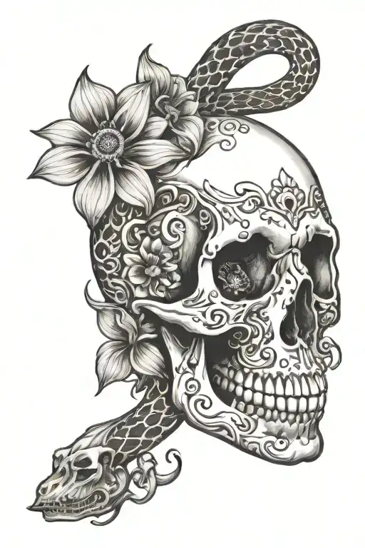 Skull And Snake With Daises And Stargazers And Violets