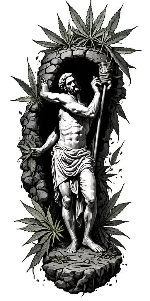 Chicano Style Illustration Of The Allegory Of Plato's Cave Finding Weed Breaking Free