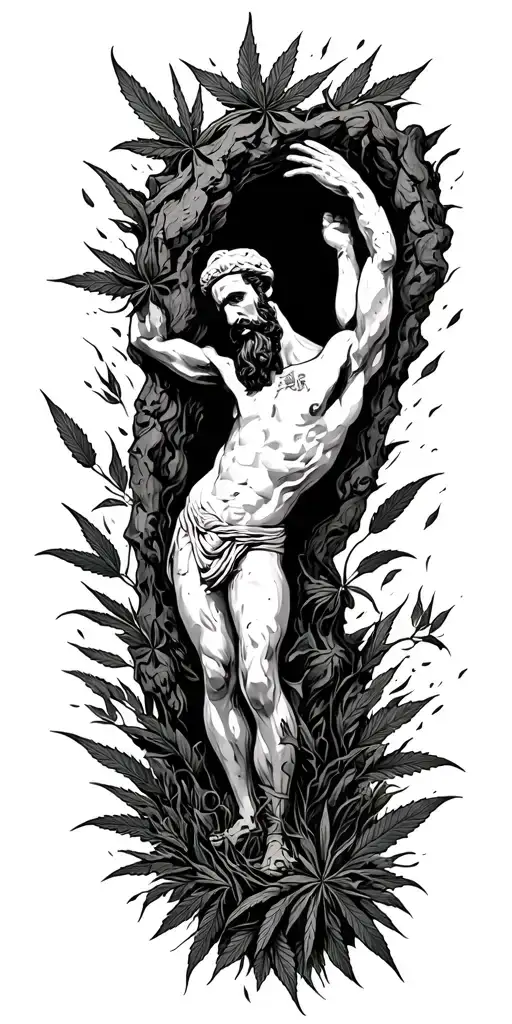 Chicano Style Illustration Of The Allegory Of Plato's Cave Finding Weed Breaking Free