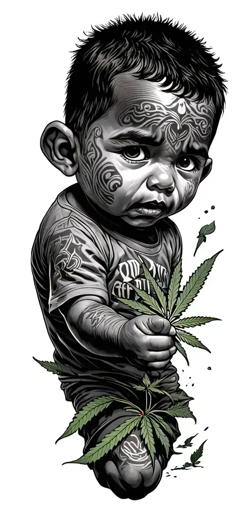 Chicano Style Illustration Of A Weak Child Fighting Off Evil Finding Weed Breaking Free